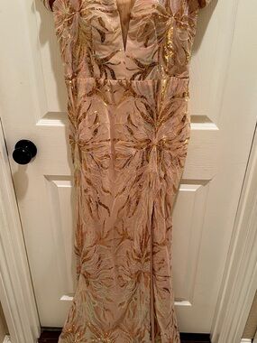 Blush Sequin Evening Gown - Pink & Gold Embellishment